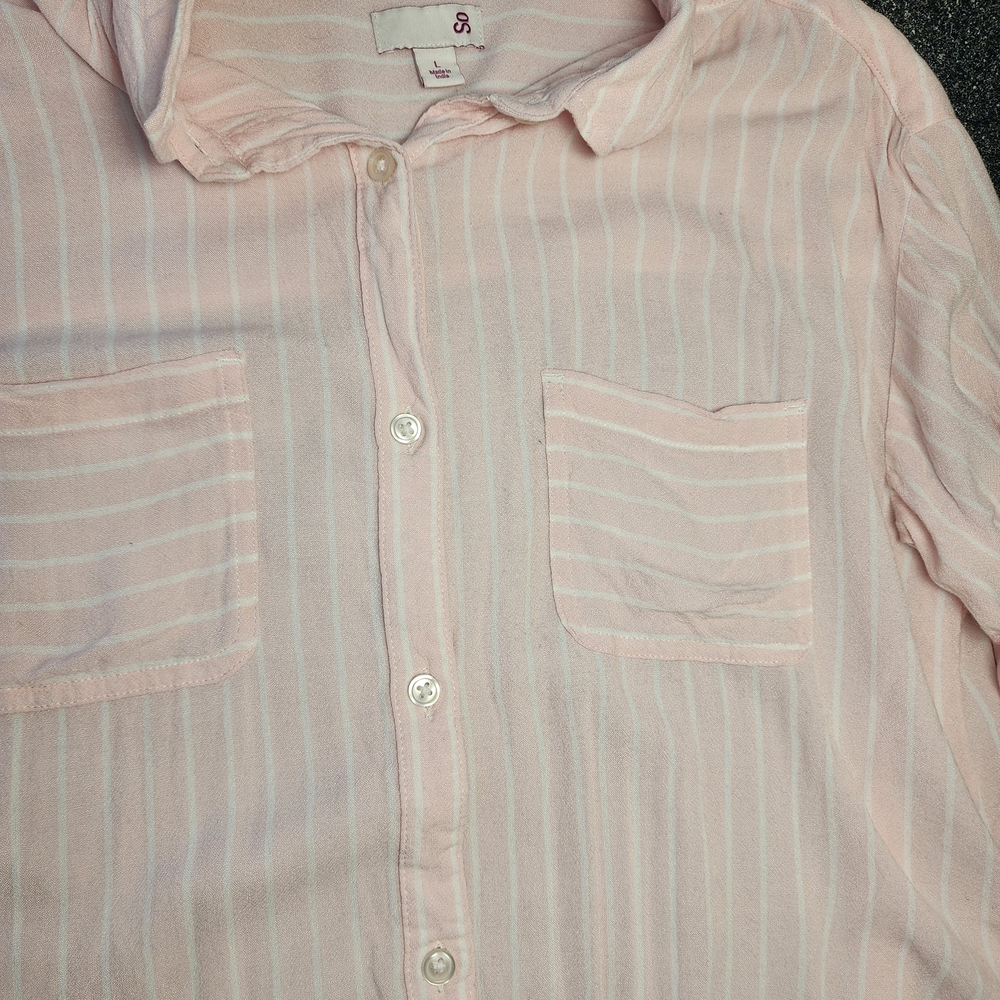 So Women's Sz L Pink And White Striped Tie Front Button Front Collared Blouse - Picture 6 of 9
